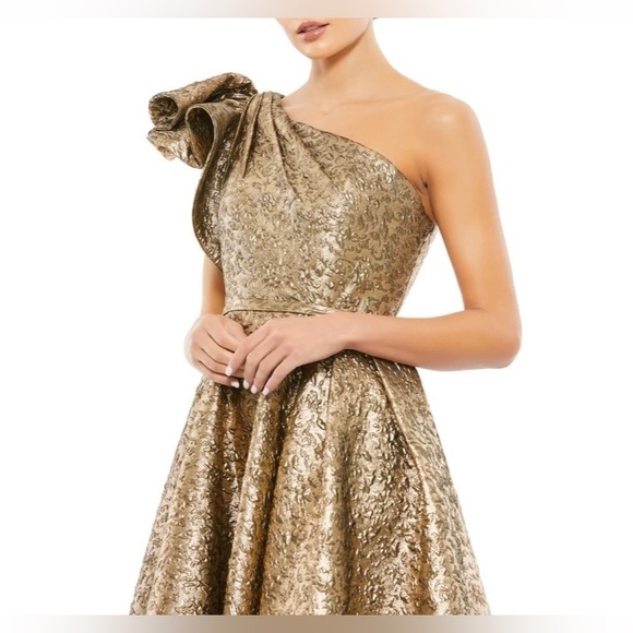 Nwt Mac Duggal One Shoulder Bow Midi Dress in Antique Bronze - Picture 5 of 13